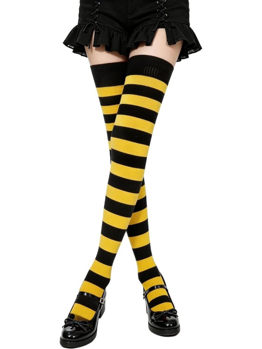 Women's Black Yellow Pumpkin Striped Thigh High Over Knee Halloween Socks